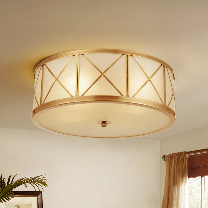 3/4 Heads Cream Glass Ceiling Lamp Colonial Gold Round Bedroom Flush Light with Trellis Cage Clearhalo 'Ceiling Lights' 'Close To Ceiling Lights' 'Close to ceiling' 'Flush mount' Lighting' 1454186