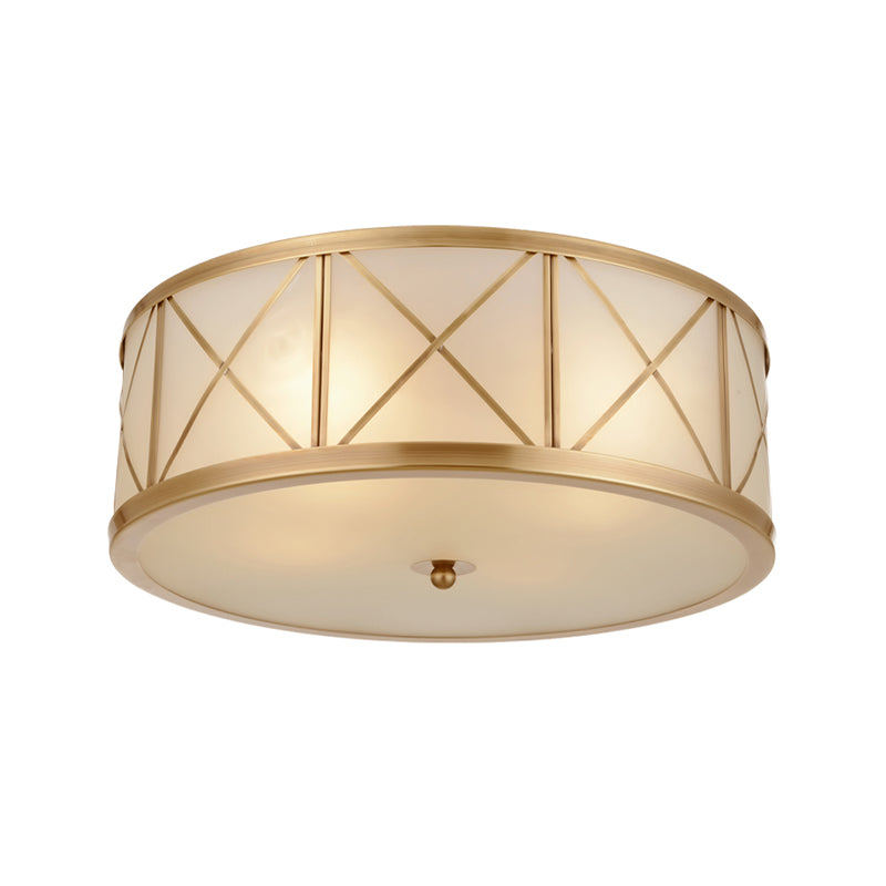 3/4 Heads Cream Glass Ceiling Lamp Colonial Gold Round Bedroom Flush Light with Trellis Cage Clearhalo 'Ceiling Lights' 'Close To Ceiling Lights' 'Close to ceiling' 'Flush mount' Lighting' 1454187