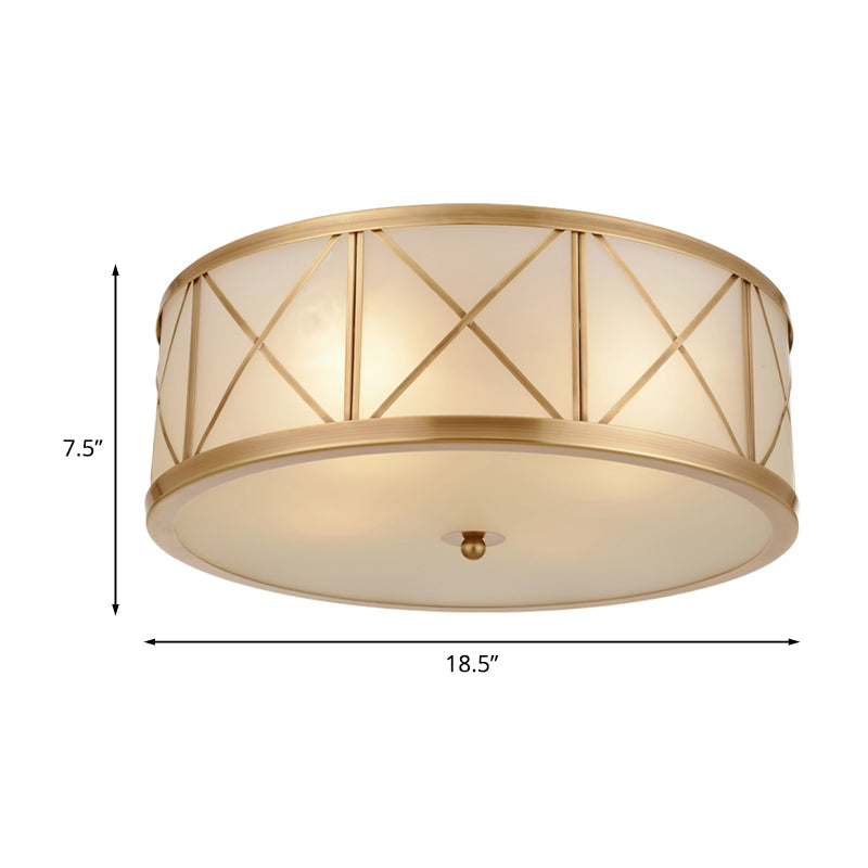 3/4 Heads Cream Glass Ceiling Lamp Colonial Gold Round Bedroom Flush Light with Trellis Cage Clearhalo 'Ceiling Lights' 'Close To Ceiling Lights' 'Close to ceiling' 'Flush mount' Lighting' 1454188