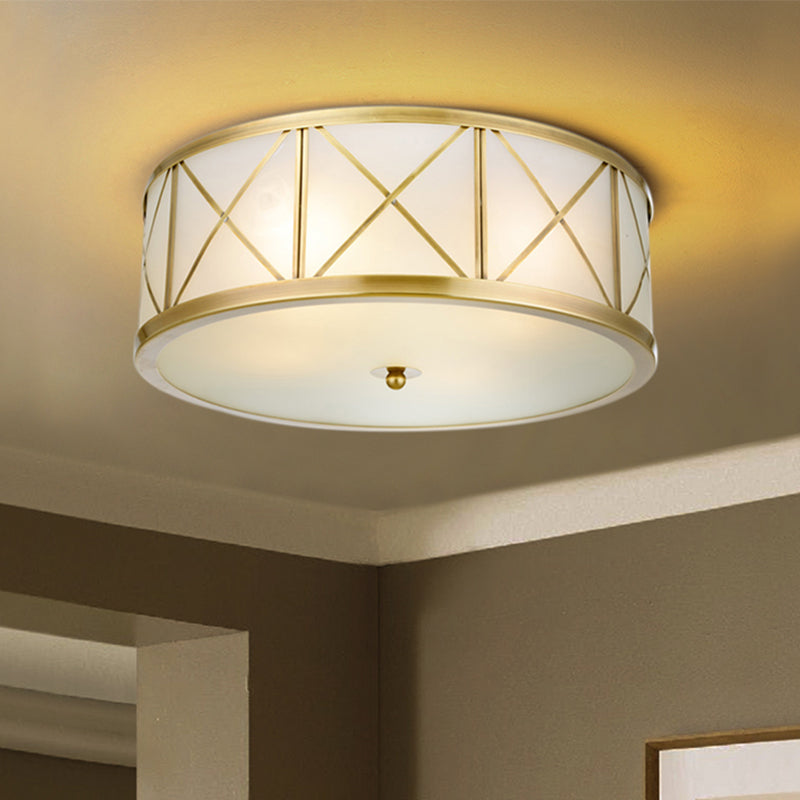 3/4 Heads Cream Glass Ceiling Lamp Colonial Gold Round Bedroom Flush Light with Trellis Cage Clearhalo 'Ceiling Lights' 'Close To Ceiling Lights' 'Close to ceiling' 'Flush mount' Lighting' 1454189