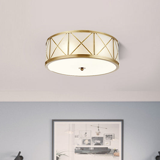 3/4 Heads Cream Glass Ceiling Lamp Colonial Gold Round Bedroom Flush Light with Trellis Cage 3 Gold Clearhalo 'Ceiling Lights' 'Close To Ceiling Lights' 'Close to ceiling' 'Flush mount' Lighting' 1454190