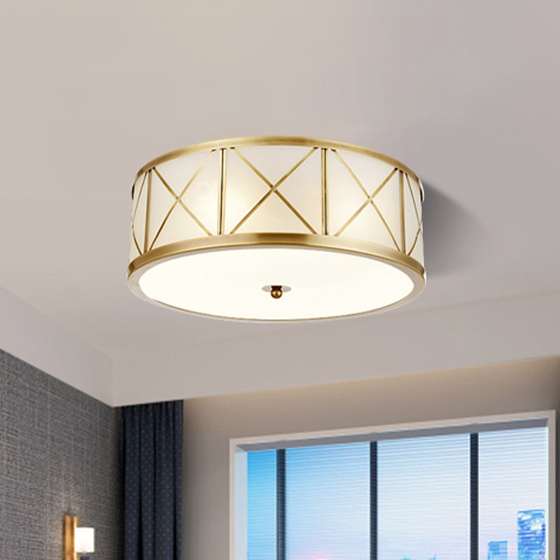 3/4 Heads Cream Glass Ceiling Lamp Colonial Gold Round Bedroom Flush Light with Trellis Cage Clearhalo 'Ceiling Lights' 'Close To Ceiling Lights' 'Close to ceiling' 'Flush mount' Lighting' 1454191