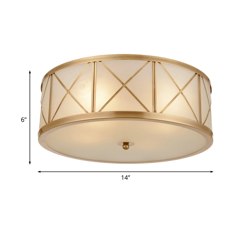 3/4 Heads Cream Glass Ceiling Lamp Colonial Gold Round Bedroom Flush Light with Trellis Cage Clearhalo 'Ceiling Lights' 'Close To Ceiling Lights' 'Close to ceiling' 'Flush mount' Lighting' 1454193