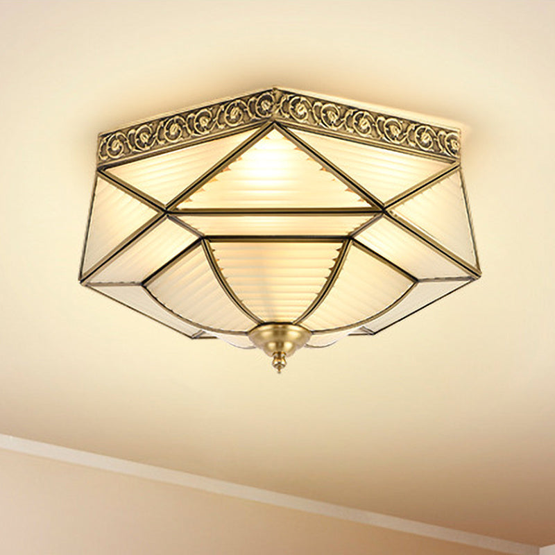 4 Lights Ceiling Mounted Fixture Colonial Prismatic Frosted Ribbed Glass Flushmount in Gold Gold Clearhalo 'Ceiling Lights' 'Close To Ceiling Lights' 'Close to ceiling' 'Flush mount' Lighting' 1454194