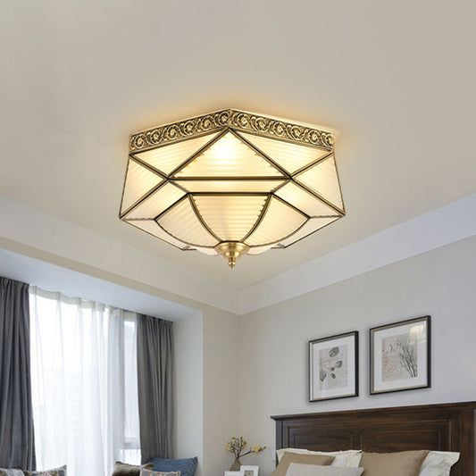 4 Lights Ceiling Mounted Fixture Colonial Prismatic Frosted Ribbed Glass Flushmount in Gold Clearhalo 'Ceiling Lights' 'Close To Ceiling Lights' 'Close to ceiling' 'Flush mount' Lighting' 1454195