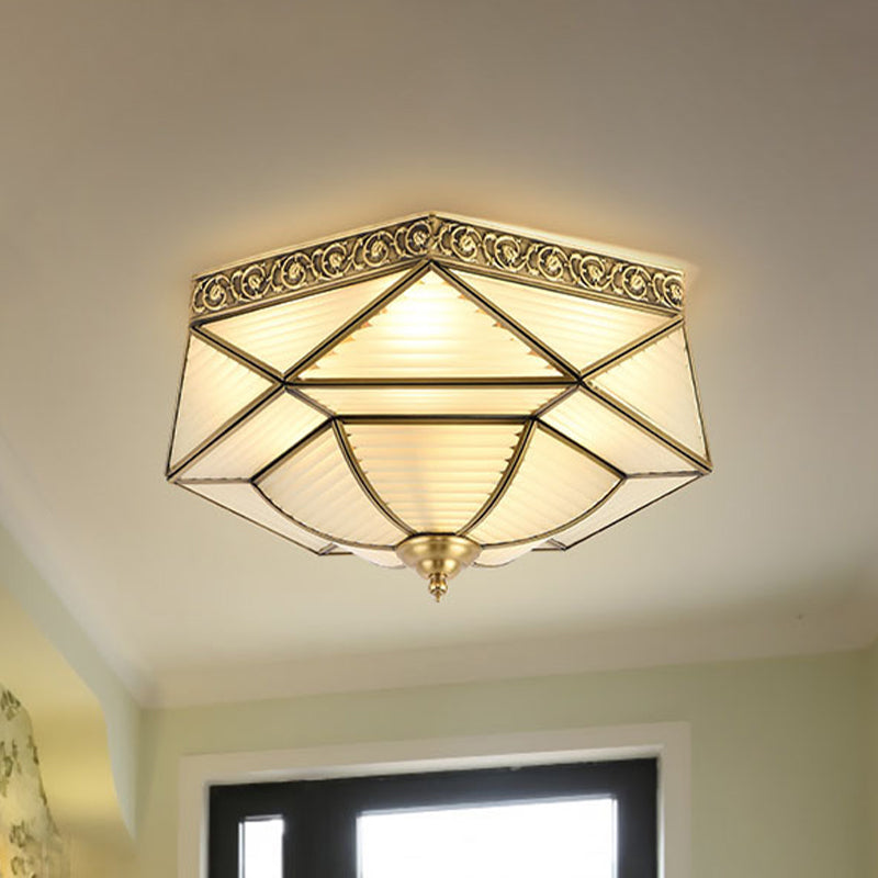 4 Lights Ceiling Mounted Fixture Colonial Prismatic Frosted Ribbed Glass Flushmount in Gold Clearhalo 'Ceiling Lights' 'Close To Ceiling Lights' 'Close to ceiling' 'Flush mount' Lighting' 1454196