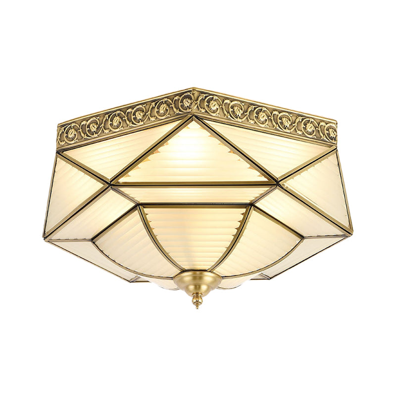 4 Lights Ceiling Mounted Fixture Colonial Prismatic Frosted Ribbed Glass Flushmount in Gold Clearhalo 'Ceiling Lights' 'Close To Ceiling Lights' 'Close to ceiling' 'Flush mount' Lighting' 1454197