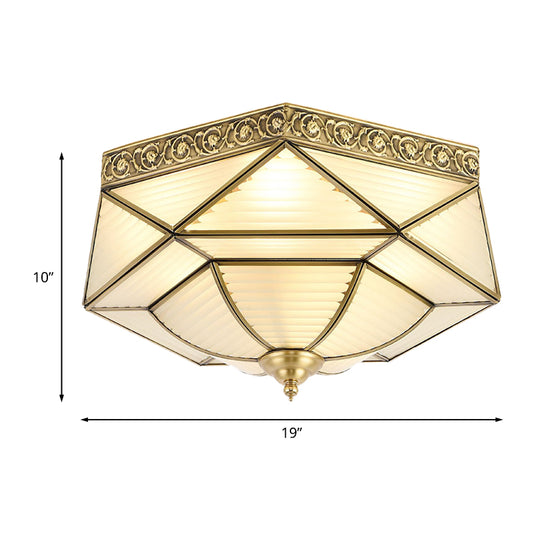 4 Lights Ceiling Mounted Fixture Colonial Prismatic Frosted Ribbed Glass Flushmount in Gold Clearhalo 'Ceiling Lights' 'Close To Ceiling Lights' 'Close to ceiling' 'Flush mount' Lighting' 1454198