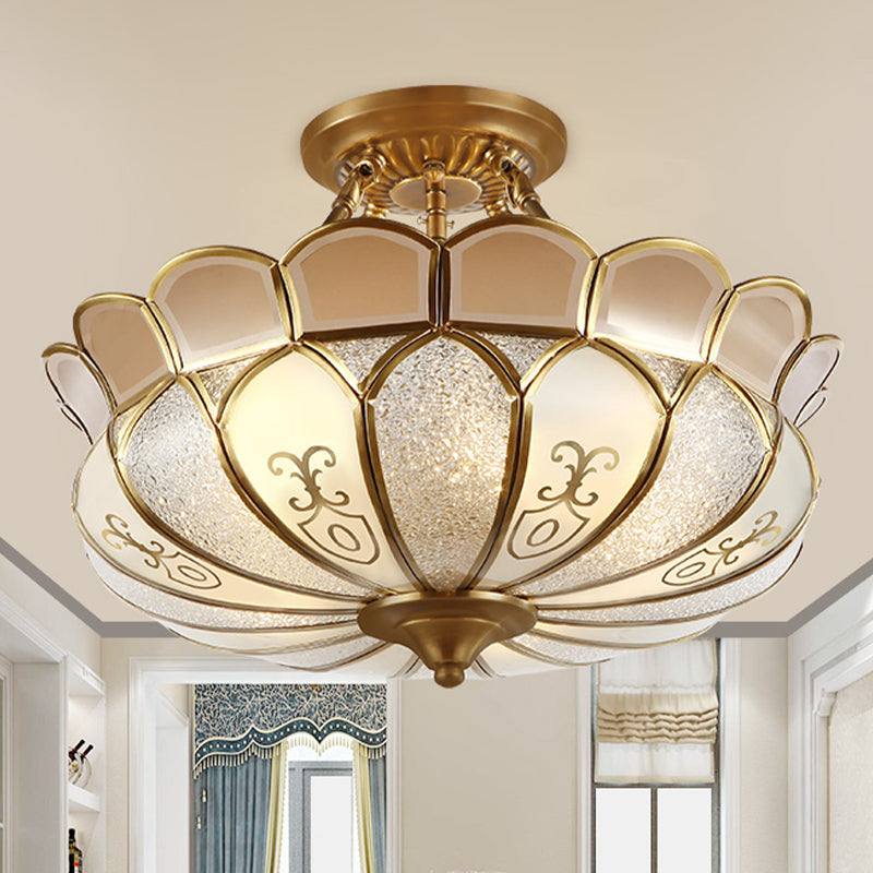 Lotus Dining Room Flush Mount Colonialism Frosted Glass 4/5 Lights Gold Semi Flush Light Fixture Clearhalo 'Ceiling Lights' 'Close To Ceiling Lights' 'Close to ceiling' 'Semi-flushmount' Lighting' 1454199