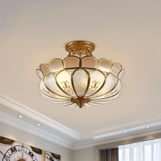 Lotus Dining Room Flush Mount Colonialism Frosted Glass 4/5 Lights Gold Semi Flush Light Fixture 5 Gold Clearhalo 'Ceiling Lights' 'Close To Ceiling Lights' 'Close to ceiling' 'Semi-flushmount' Lighting' 1454200