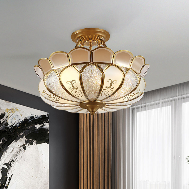 Lotus Dining Room Flush Mount Colonialism Frosted Glass 4/5 Lights Gold Semi Flush Light Fixture Clearhalo 'Ceiling Lights' 'Close To Ceiling Lights' 'Close to ceiling' 'Semi-flushmount' Lighting' 1454201