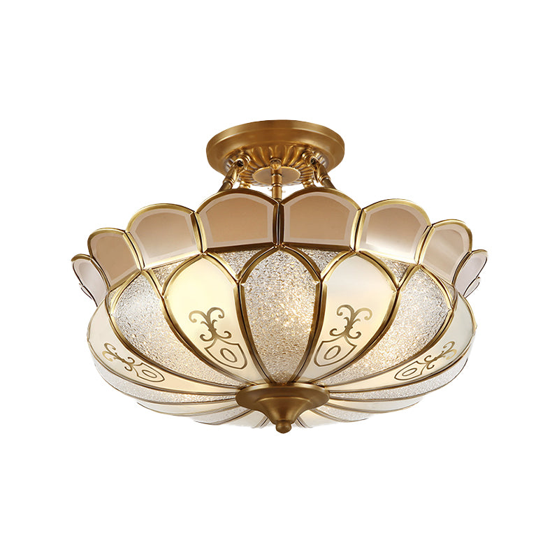 Lotus Dining Room Flush Mount Colonialism Frosted Glass 4/5 Lights Gold Semi Flush Light Fixture Clearhalo 'Ceiling Lights' 'Close To Ceiling Lights' 'Close to ceiling' 'Semi-flushmount' Lighting' 1454202