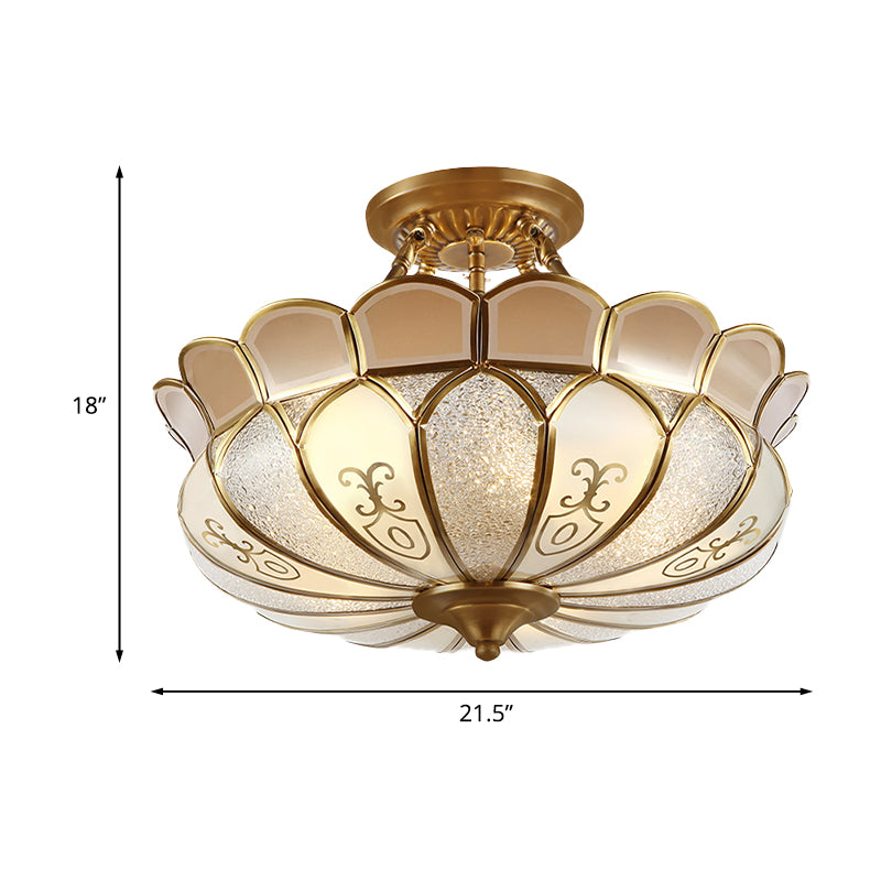 Lotus Dining Room Flush Mount Colonialism Frosted Glass 4/5 Lights Gold Semi Flush Light Fixture Clearhalo 'Ceiling Lights' 'Close To Ceiling Lights' 'Close to ceiling' 'Semi-flushmount' Lighting' 1454203
