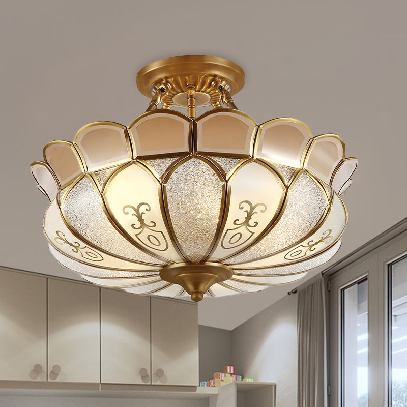 Lotus Dining Room Flush Mount Colonialism Frosted Glass 4/5 Lights Gold Semi Flush Light Fixture Clearhalo 'Ceiling Lights' 'Close To Ceiling Lights' 'Close to ceiling' 'Semi-flushmount' Lighting' 1454204