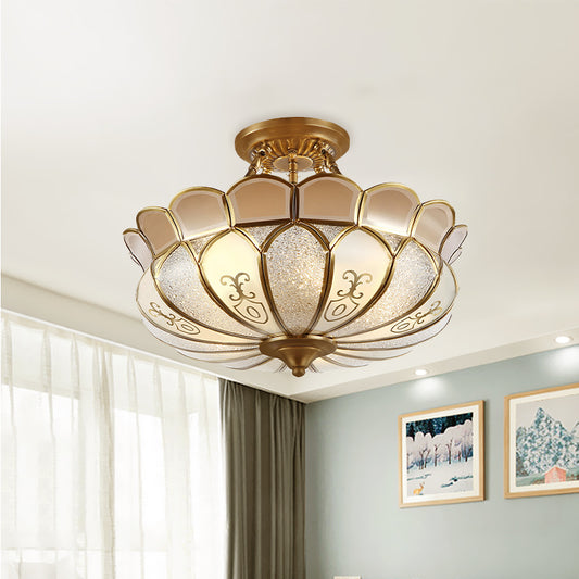 Lotus Dining Room Flush Mount Colonialism Frosted Glass 4/5 Lights Gold Semi Flush Light Fixture 4 Gold Clearhalo 'Ceiling Lights' 'Close To Ceiling Lights' 'Close to ceiling' 'Semi-flushmount' Lighting' 1454205