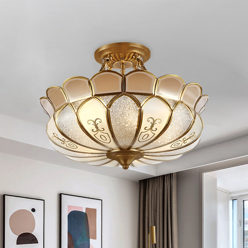 Lotus Dining Room Flush Mount Colonialism Frosted Glass 4/5 Lights Gold Semi Flush Light Fixture Clearhalo 'Ceiling Lights' 'Close To Ceiling Lights' 'Close to ceiling' 'Semi-flushmount' Lighting' 1454206