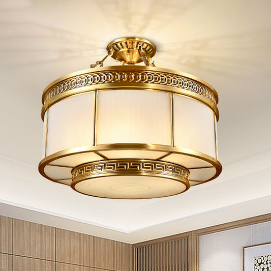 Halo Bedroom Flushmount Lighting Colonial Milky Glass 6 Bulbs Gold Semi Flush Light Fixture Gold Clearhalo 'Ceiling Lights' 'Close To Ceiling Lights' 'Close to ceiling' 'Semi-flushmount' Lighting' 1454209