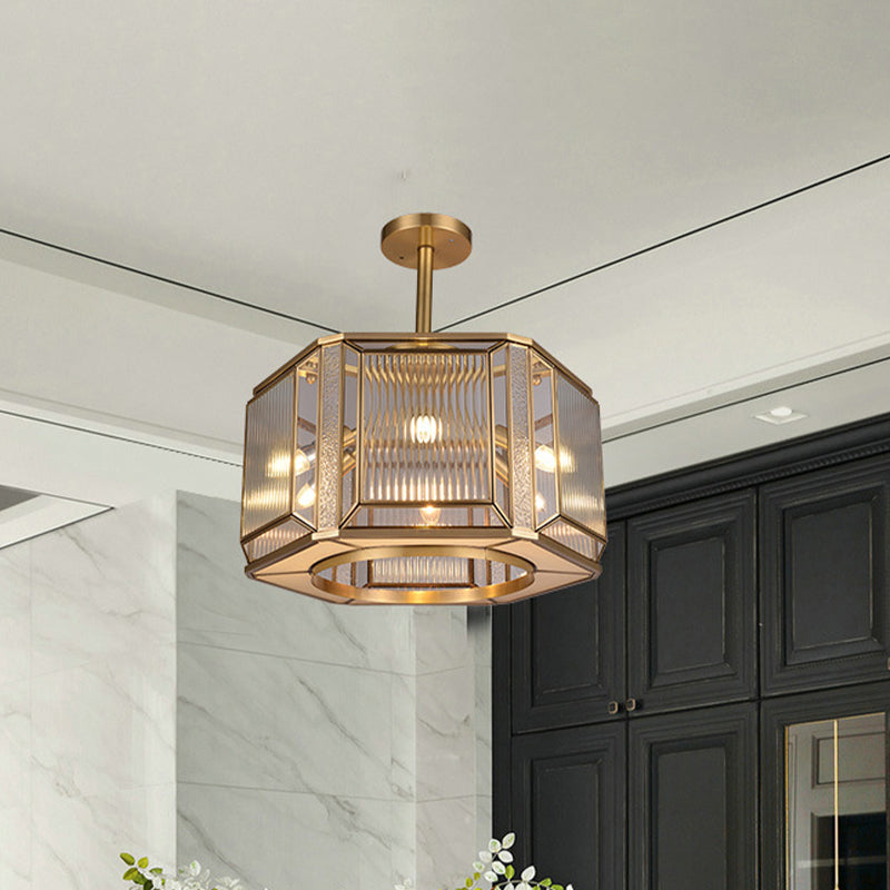 6-Head Hexagon Semi Mount Lighting Colonialism Gold Clear Prismatic Glass Flush Light Clearhalo 'Ceiling Lights' 'Close To Ceiling Lights' 'Close to ceiling' 'Semi-flushmount' Lighting' 1454215