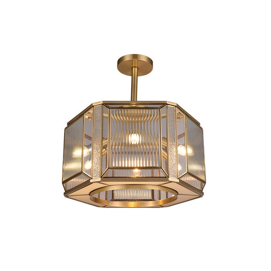 6-Head Hexagon Semi Mount Lighting Colonialism Gold Clear Prismatic Glass Flush Light Clearhalo 'Ceiling Lights' 'Close To Ceiling Lights' 'Close to ceiling' 'Semi-flushmount' Lighting' 1454217