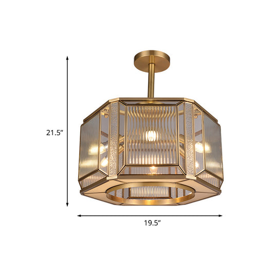 6-Head Hexagon Semi Mount Lighting Colonialism Gold Clear Prismatic Glass Flush Light Clearhalo 'Ceiling Lights' 'Close To Ceiling Lights' 'Close to ceiling' 'Semi-flushmount' Lighting' 1454218