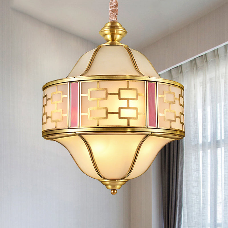 Double Bell Porch Chandelier Light Colonialist Milky Glass 6 Heads Gold Hanging Pendant Clearhalo 'Ceiling Lights' 'Chandeliers' Lighting' options 1454219