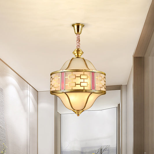 Double Bell Porch Chandelier Light Colonialist Milky Glass 6 Heads Gold Hanging Pendant Clearhalo 'Ceiling Lights' 'Chandeliers' Lighting' options 1454221