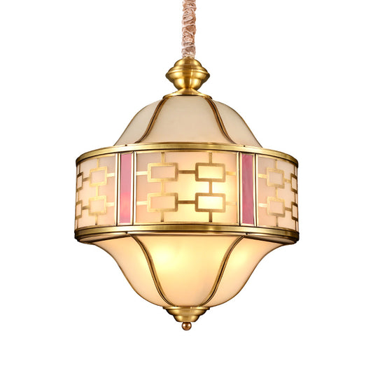 Double Bell Porch Chandelier Light Colonialist Milky Glass 6 Heads Gold Hanging Pendant Clearhalo 'Ceiling Lights' 'Chandeliers' Lighting' options 1454222
