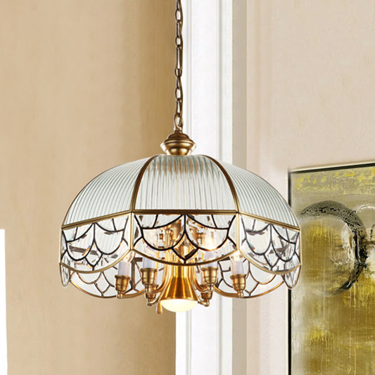 Prismatic Glass Gold Chandelier Lamp Scalloped 7-Bulb Colonial Hanging Light with Pull Chain Switch Clearhalo 'Ceiling Lights' 'Chandeliers' Lighting' options 1454224