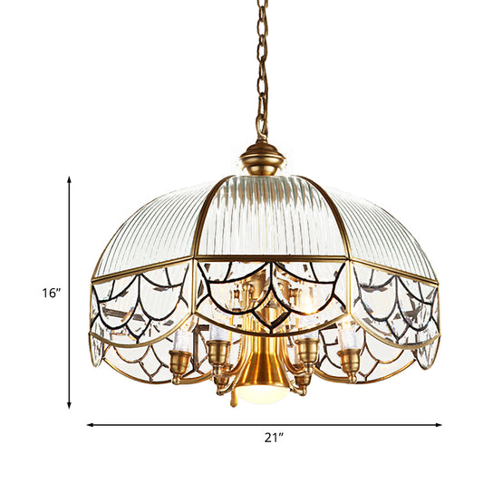 Prismatic Glass Gold Chandelier Lamp Scalloped 7-Bulb Colonial Hanging Light with Pull Chain Switch Clearhalo 'Ceiling Lights' 'Chandeliers' Lighting' options 1454228