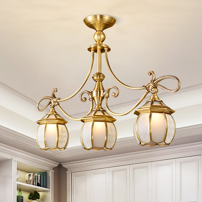 Colonialist Lantern Island Light Fixture 3-Light Ivory Glass Suspension Pendant in Gold for Dining Room Gold Clearhalo 'Ceiling Lights' 'Island Lights' Lighting' 1454234
