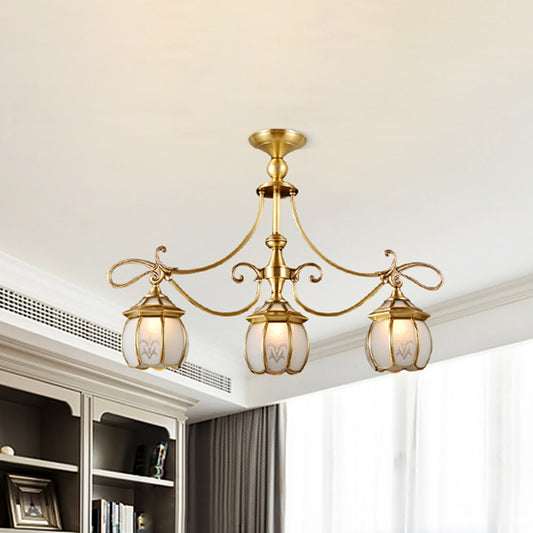 Colonialist Lantern Island Light Fixture 3-Light Ivory Glass Suspension Pendant in Gold for Dining Room Clearhalo 'Ceiling Lights' 'Island Lights' Lighting' 1454235