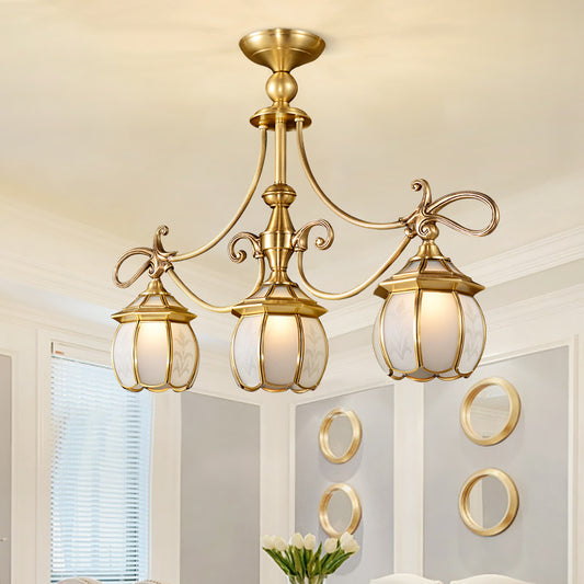 Colonialist Lantern Island Light Fixture 3-Light Ivory Glass Suspension Pendant in Gold for Dining Room Clearhalo 'Ceiling Lights' 'Island Lights' Lighting' 1454236