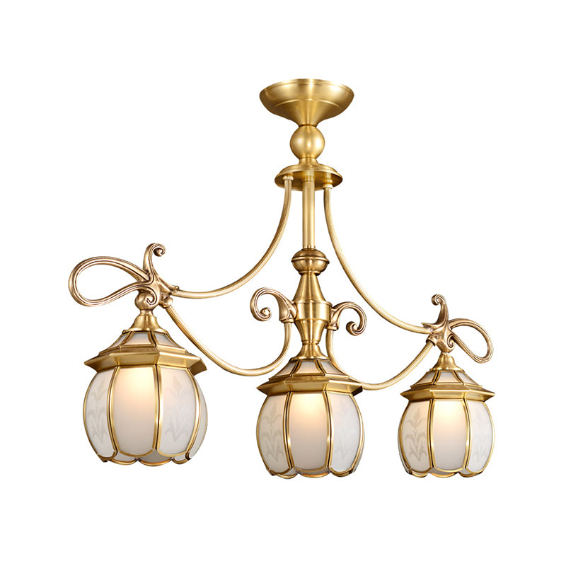 Colonialist Lantern Island Light Fixture 3-Light Ivory Glass Suspension Pendant in Gold for Dining Room Clearhalo 'Ceiling Lights' 'Island Lights' Lighting' 1454237