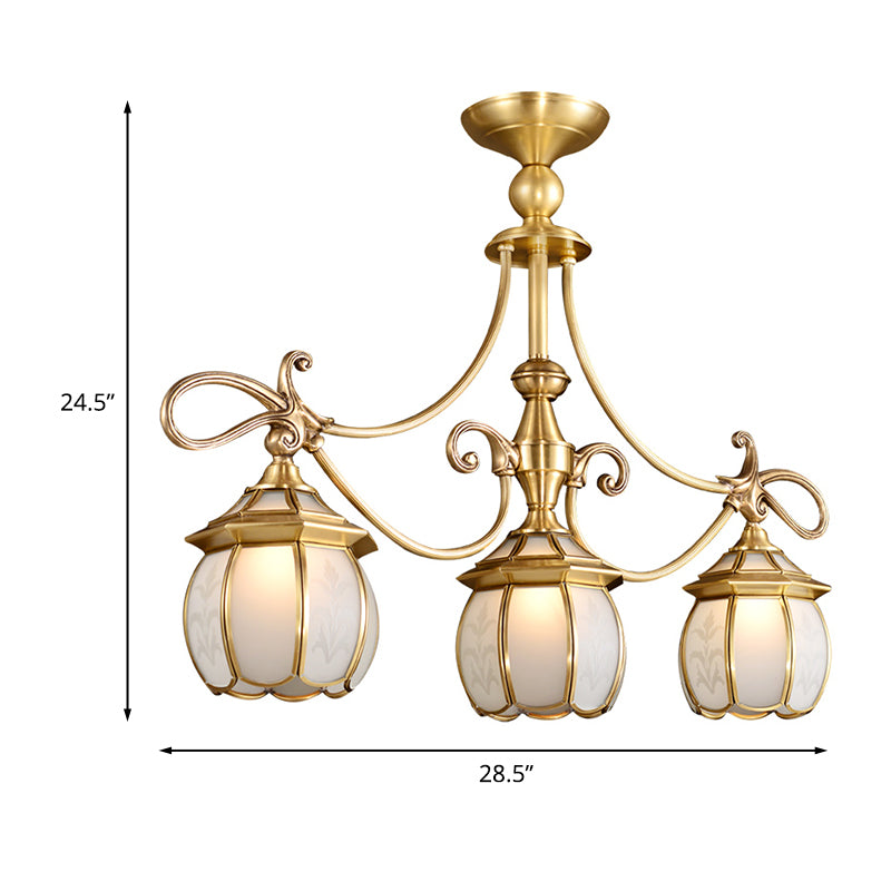 Colonialist Lantern Island Light Fixture 3-Light Ivory Glass Suspension Pendant in Gold for Dining Room Clearhalo 'Ceiling Lights' 'Island Lights' Lighting' 1454238