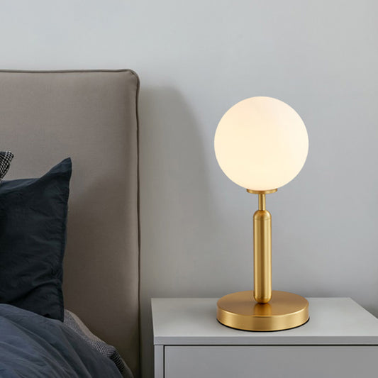 Straight Nightstand Light Postmodern Metal 1 Bulb Brass Table Lamp with Ball White Glass Shade Brass Clearhalo 'Lamps' 'Table Lamps' Lighting' 1454297