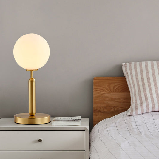 Straight Nightstand Light Postmodern Metal 1 Bulb Brass Table Lamp with Ball White Glass Shade Clearhalo 'Lamps' 'Table Lamps' Lighting' 1454298