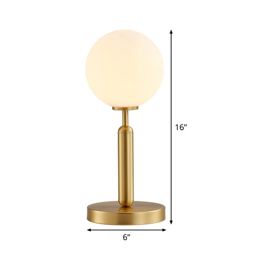 Straight Nightstand Light Postmodern Metal 1 Bulb Brass Table Lamp with Ball White Glass Shade Clearhalo 'Lamps' 'Table Lamps' Lighting' 1454301