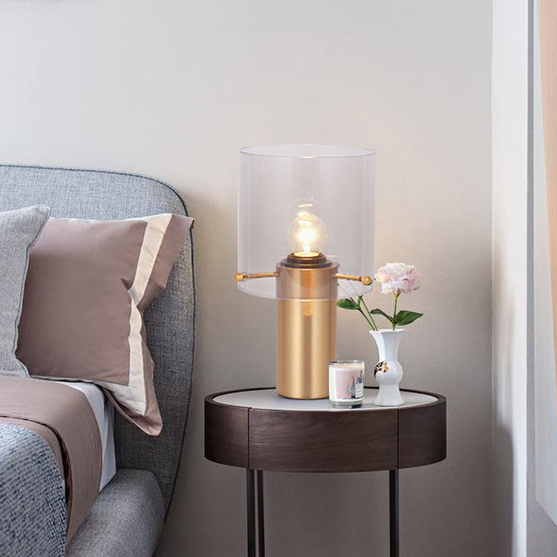 1 Bulb Living Room Table Light Postmodern Brass Night Lamp with Cylinder Translucent Glass Shade Clearhalo 'Lamps' 'Table Lamps' Lighting' 1454323