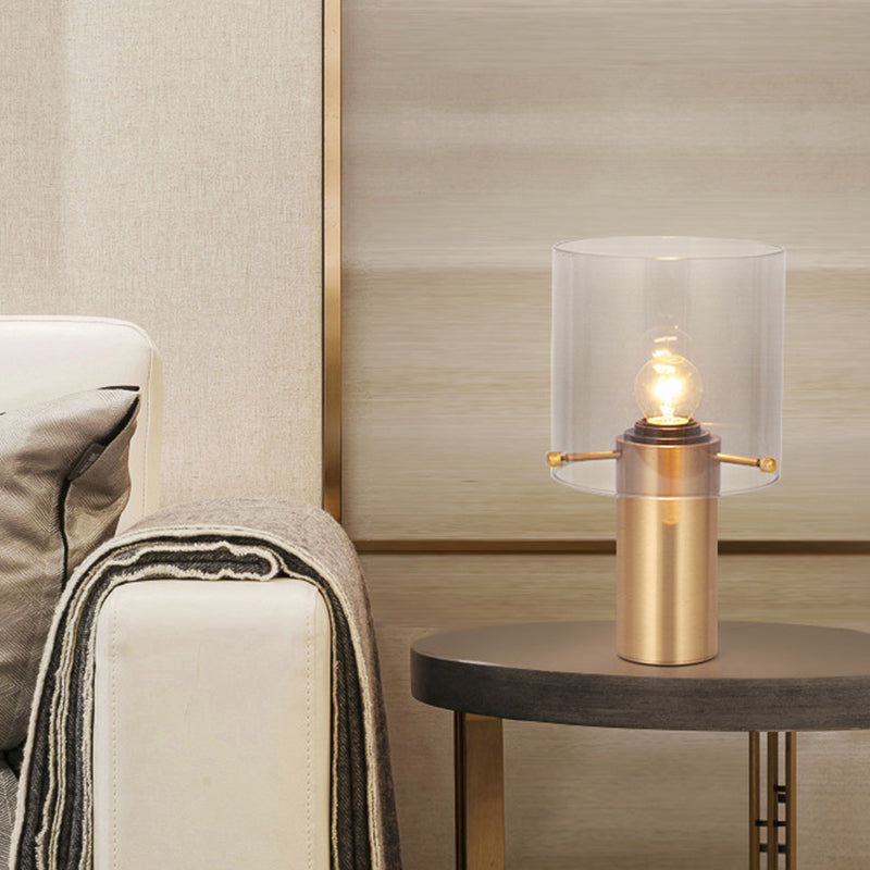 1 Bulb Living Room Table Light Postmodern Brass Night Lamp with Cylinder Translucent Glass Shade Clearhalo 'Lamps' 'Table Lamps' Lighting' 1454324