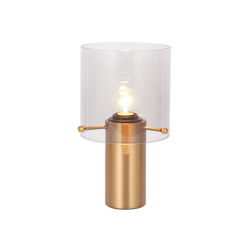 1 Bulb Living Room Table Light Postmodern Brass Night Lamp with Cylinder Translucent Glass Shade Clearhalo 'Lamps' 'Table Lamps' Lighting' 1454325