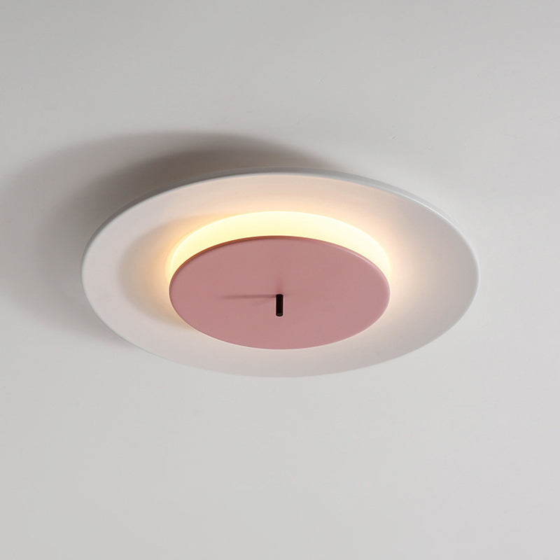 Iron 2-Layer Round Thin Ceiling Lighting Macaron Pink/Black/White LED Flush Mount Fixture in 3 Color Light