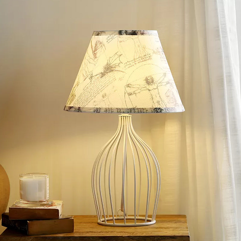 White Tapered Night Table Light Traditional Fabric 1 Head Living Room Desk Lamp with Wire Cage Base White C Clearhalo 'Lamps' 'Table Lamps' Lighting' 1454475