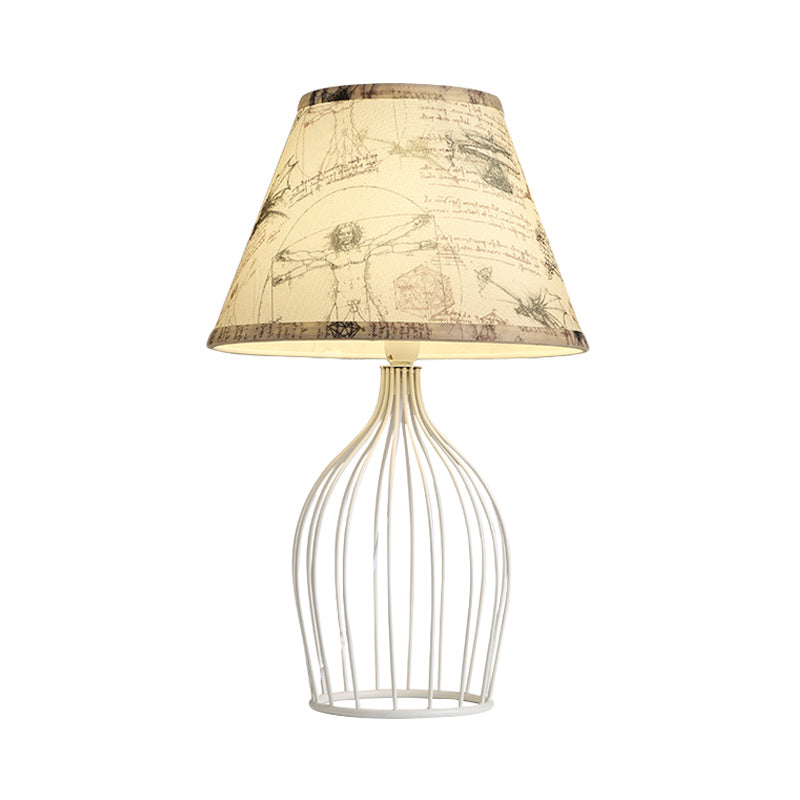 White Tapered Night Table Light Traditional Fabric 1 Head Living Room Desk Lamp with Wire Cage Base Clearhalo 'Lamps' 'Table Lamps' Lighting' 1454476