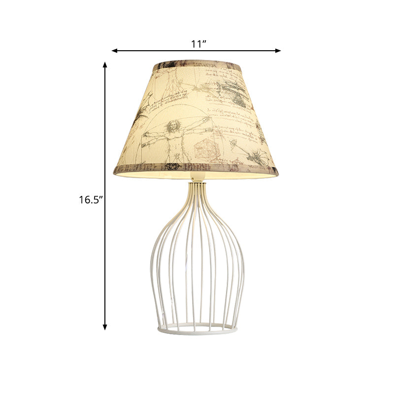 White Tapered Night Table Light Traditional Fabric 1 Head Living Room Desk Lamp with Wire Cage Base Clearhalo 'Lamps' 'Table Lamps' Lighting' 1454478