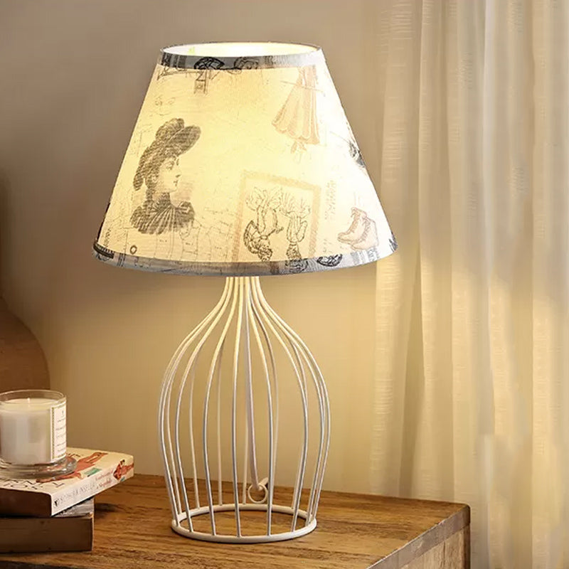 White Tapered Night Table Light Traditional Fabric 1 Head Living Room Desk Lamp with Wire Cage Base Clearhalo 'Lamps' 'Table Lamps' Lighting' 1454483