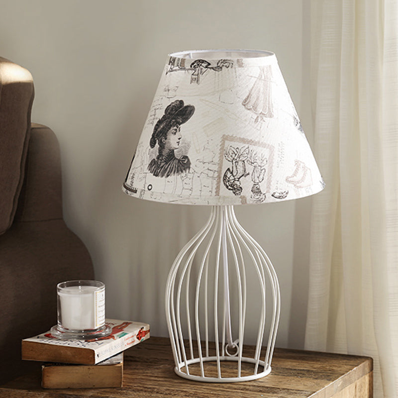 White Tapered Night Table Light Traditional Fabric 1 Head Living Room Desk Lamp with Wire Cage Base White B Clearhalo 'Lamps' 'Table Lamps' Lighting' 1454484