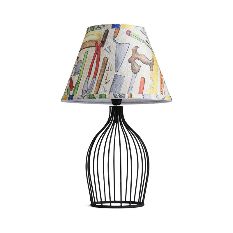 1 Head Barrel Night Table Lamp Traditional Black Nightstand Lighting with Metal Wire Cage Base Clearhalo 'Lamps' 'Table Lamps' Lighting' 1454489