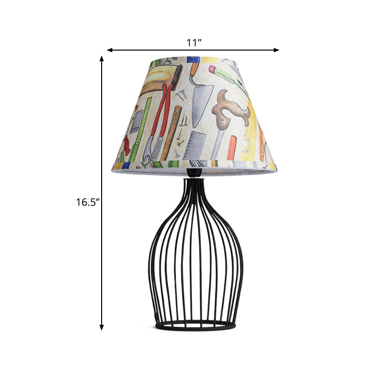 1 Head Barrel Night Table Lamp Traditional Black Nightstand Lighting with Metal Wire Cage Base Clearhalo 'Lamps' 'Table Lamps' Lighting' 1454491