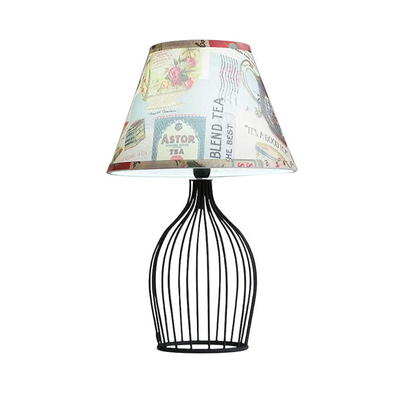 1 Head Barrel Night Table Lamp Traditional Black Nightstand Lighting with Metal Wire Cage Base Clearhalo 'Lamps' 'Table Lamps' Lighting' 1454494