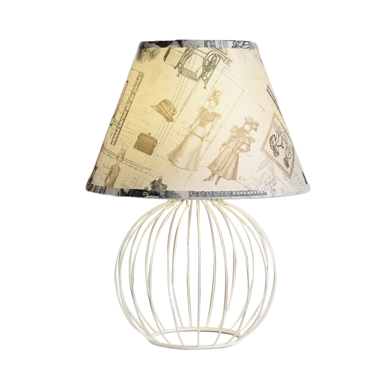 White 1-Light Desk Lamp Traditionalist Fabric Night Table Light with Spherical Wire Cage Base Clearhalo 'Lamps' 'Table Lamps' Lighting' 1454502